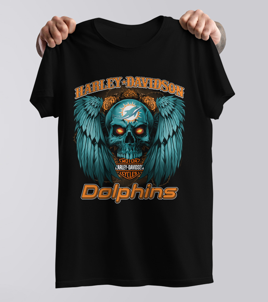 Harley Davidson Miami Dolphins Skull Wings T-Shirt