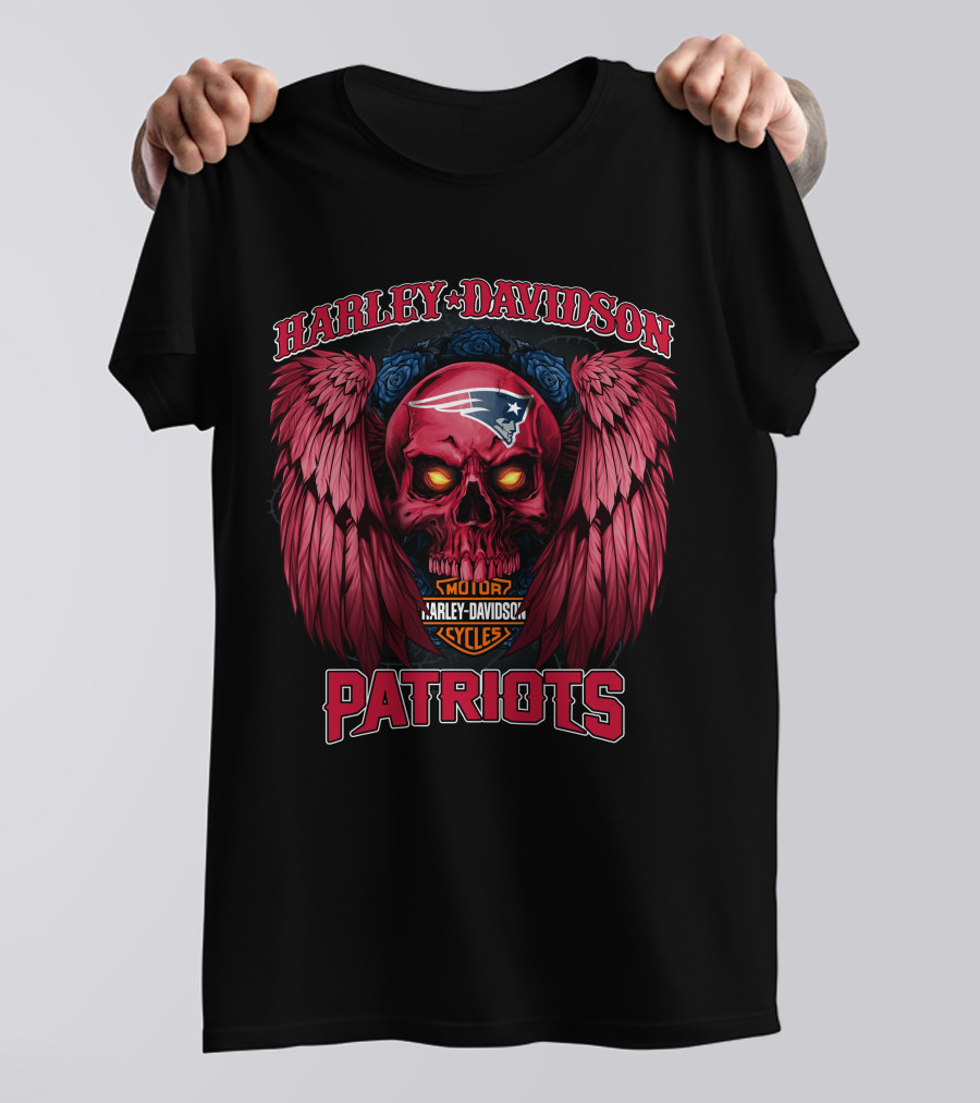 Harley Davidson Motor Cycles New England Patriots Skull Wings T-Shirt