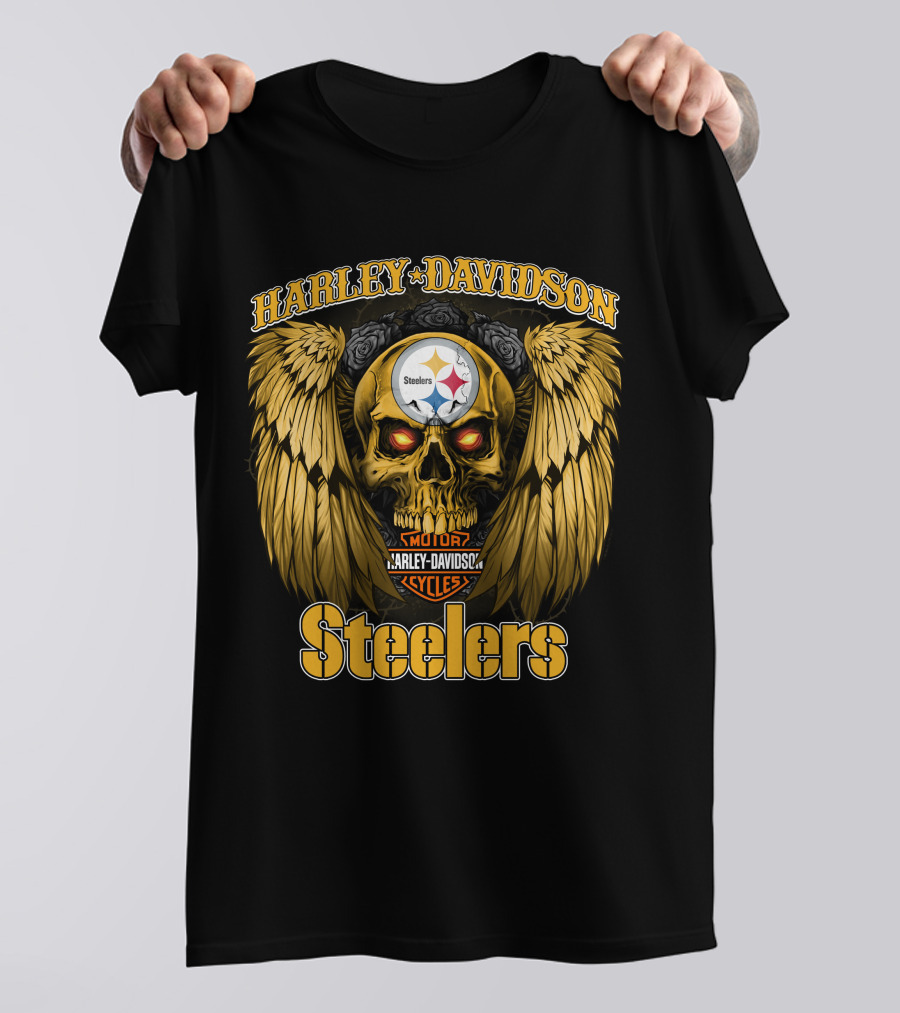 Harley Davidson Steelers Skull With Wings T-Shirt
