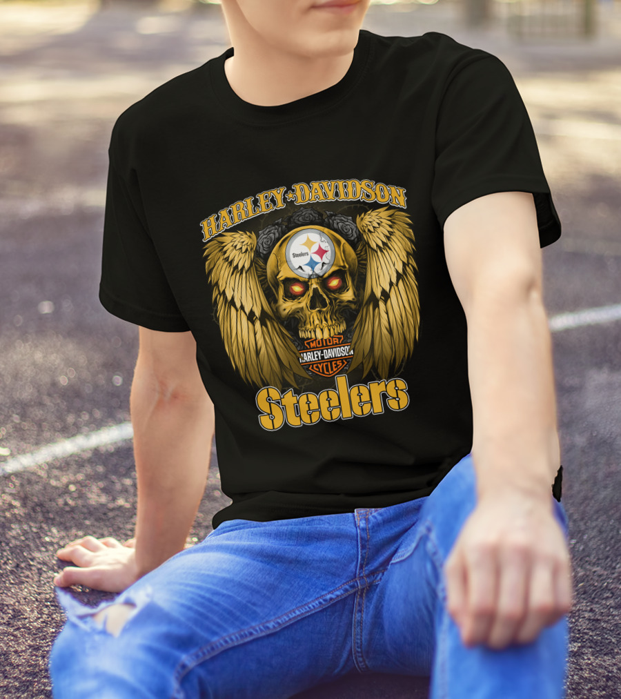 Harley Davidson Steelers Skull With Wings T-Shirt