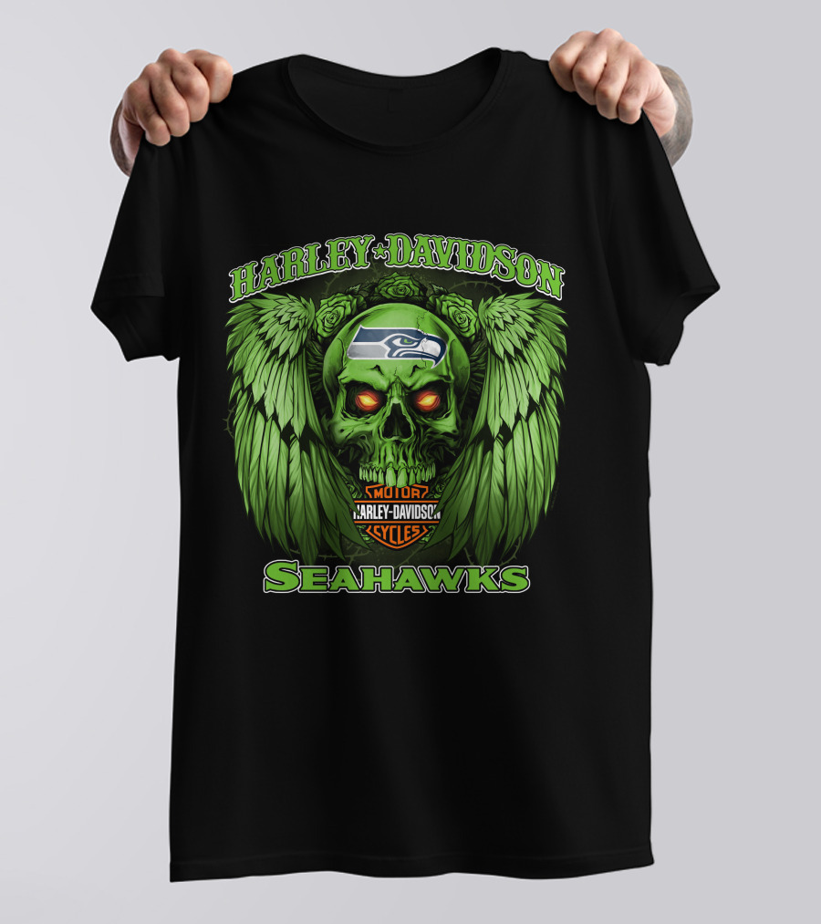 Harley Davidson Motor Cycles Seattle Seahawks Skull Wings T-Shirt