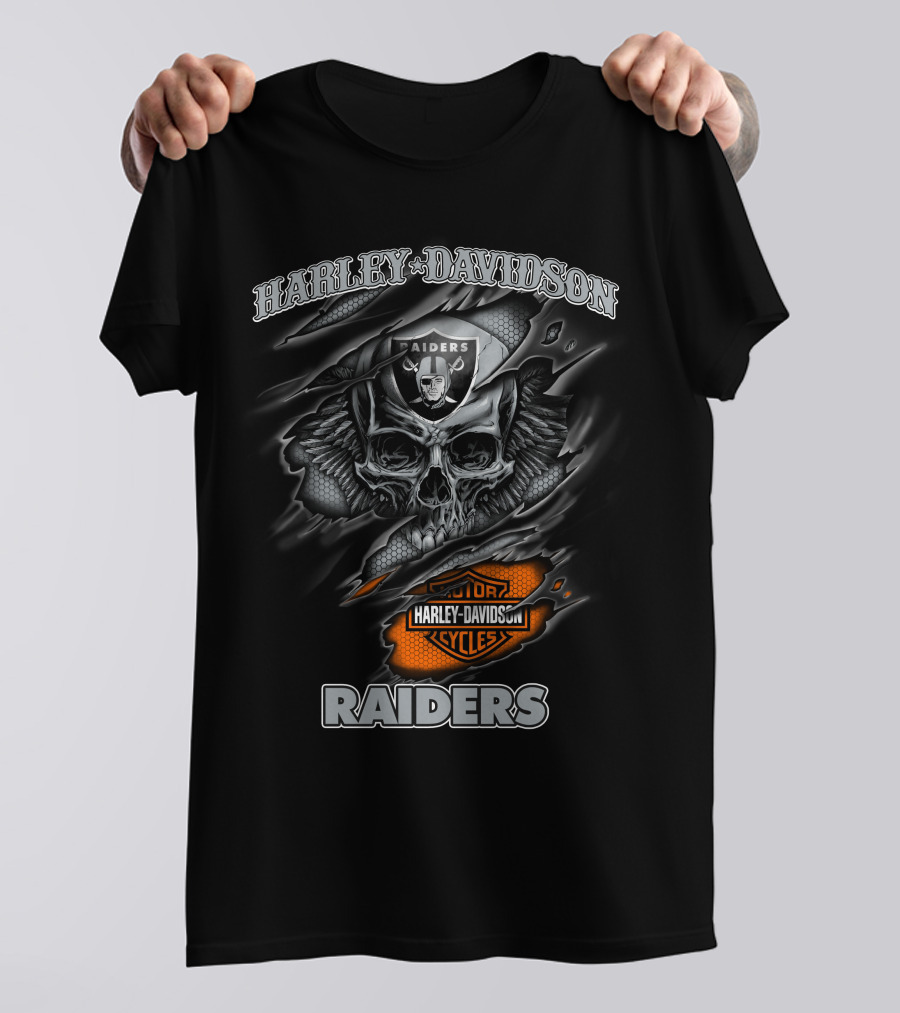 Harley Davidson Raiders Skull Graphic With Motor Cycles Logo Nfl 12.30 Las Vegas Raiders T-Shirt