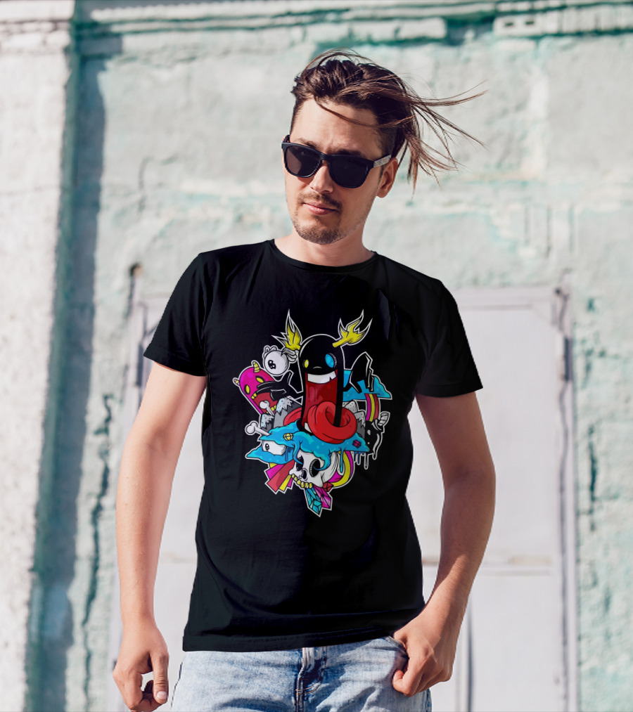 Emefe Colorful Cartoon Skull With Lightning And Clouds T-Shirt
