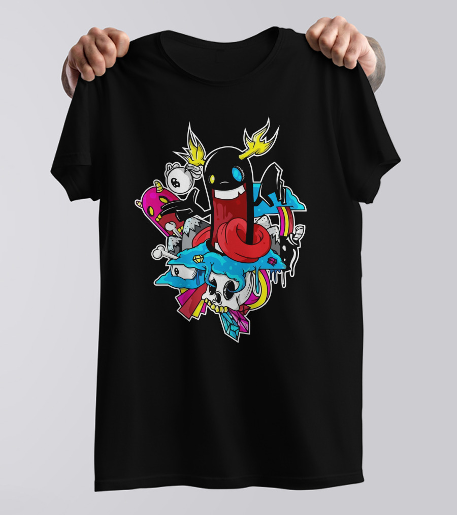 Emefe Colorful Cartoon Skull With Lightning And Clouds T-Shirt