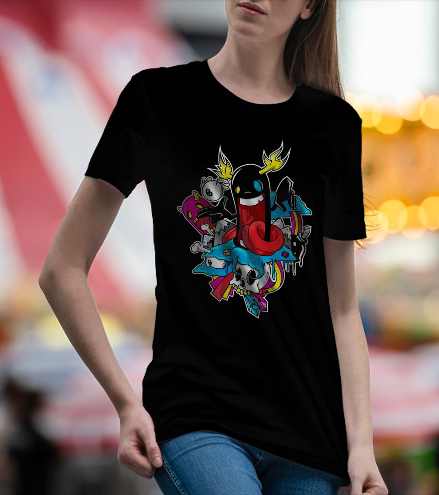 Emefe Colorful Cartoon Skull With Lightning And Clouds T-Shirt