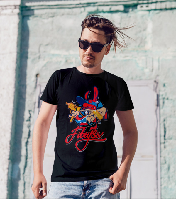 Fiftysix Gangster Rabbit Cartoon With Gold Gun And Hip-Hop T-Shirt