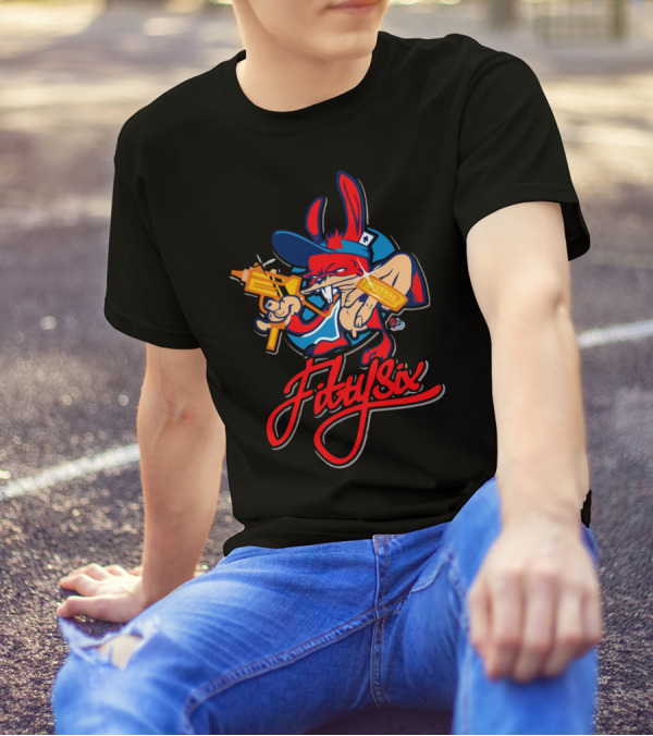 Fiftysix Gangster Rabbit Cartoon With Gold Gun And Hip-Hop T-Shirt