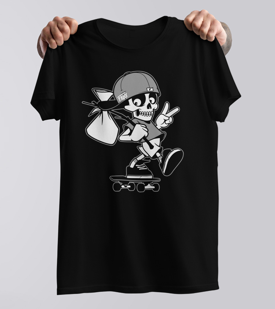 Fluxx Skater Skeleton With Peace Sign And Backpack T-Shirt