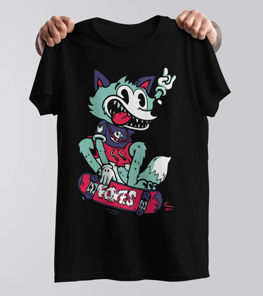 Foxes Skateboarding Wolf Cartoon With Skater Attitude And Rock Hand Gesture T-Shirt