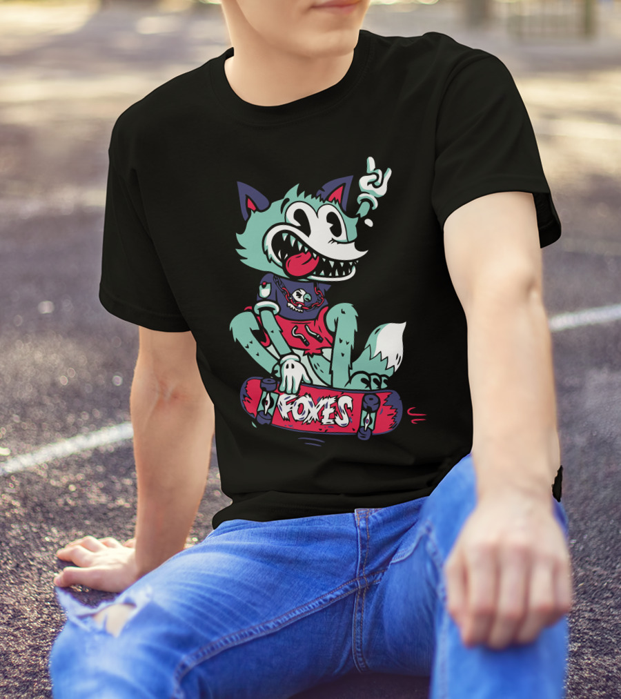 Foxes Skateboarding Wolf Cartoon With Skater Attitude And Rock Hand Gesture T-Shirt