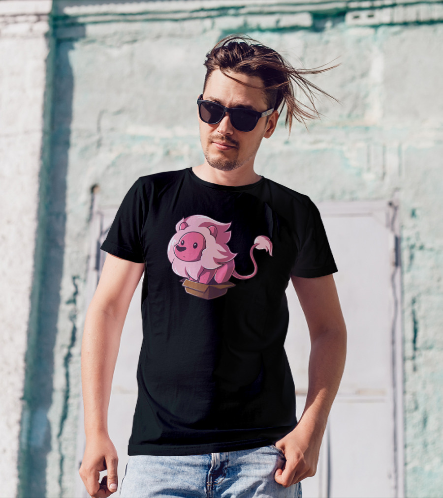 Lion In A Box Cartoon Pink Mane Playful T-Shirt
