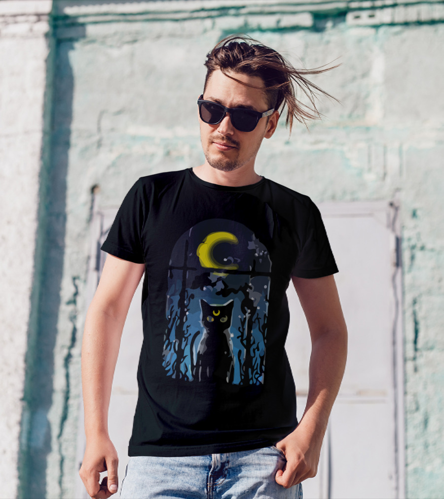 Moonlit Black Cat Under Crescent Sky T-Shirt