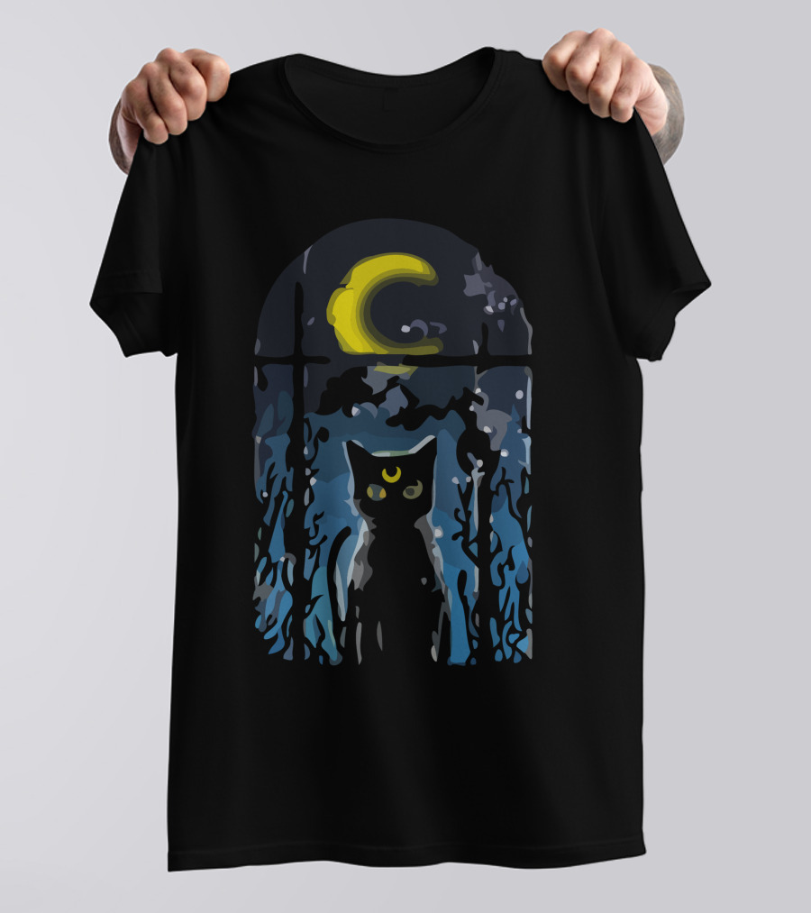 Moonlit Black Cat Under Crescent Sky T-Shirt