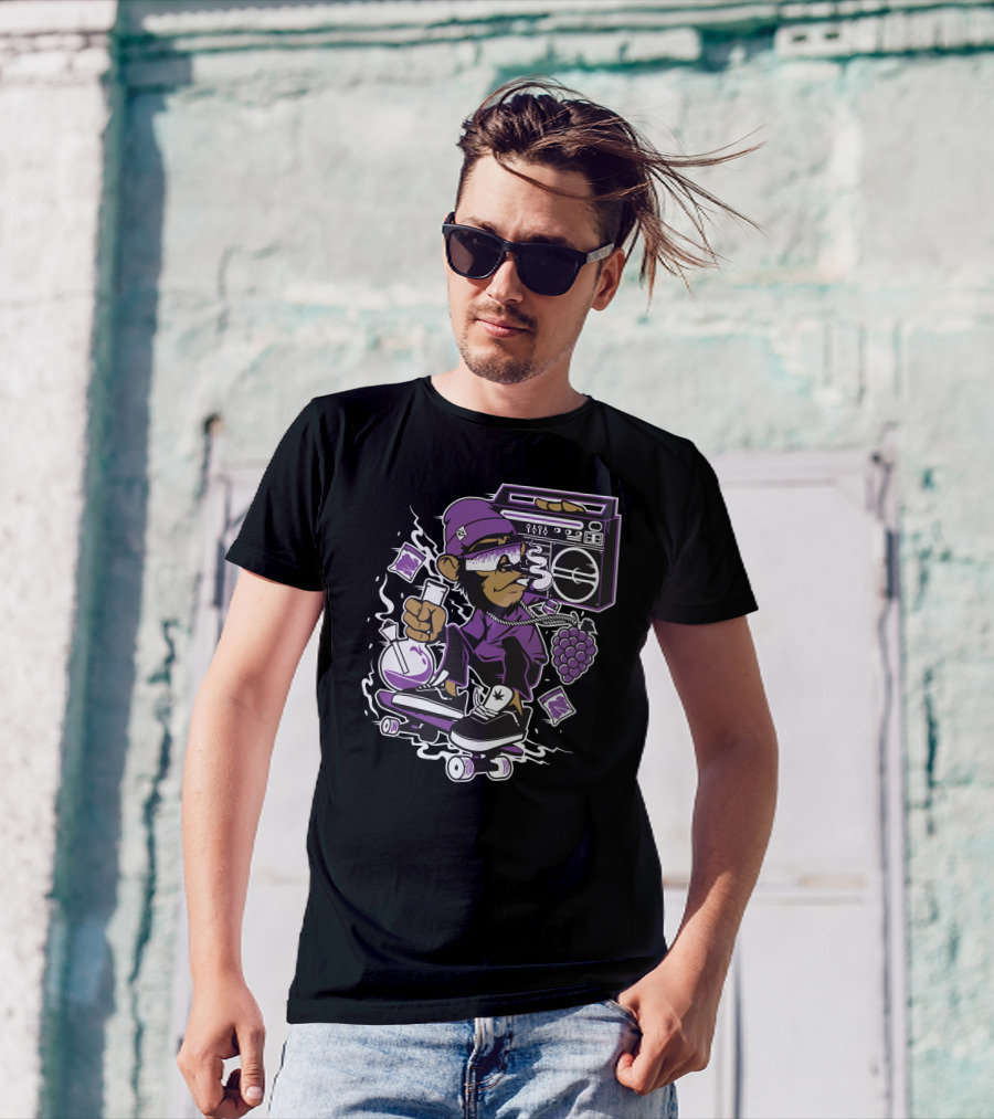 Skateboarding Monkey With Boombox And Lab Flask In Purple Attire T-Shirt