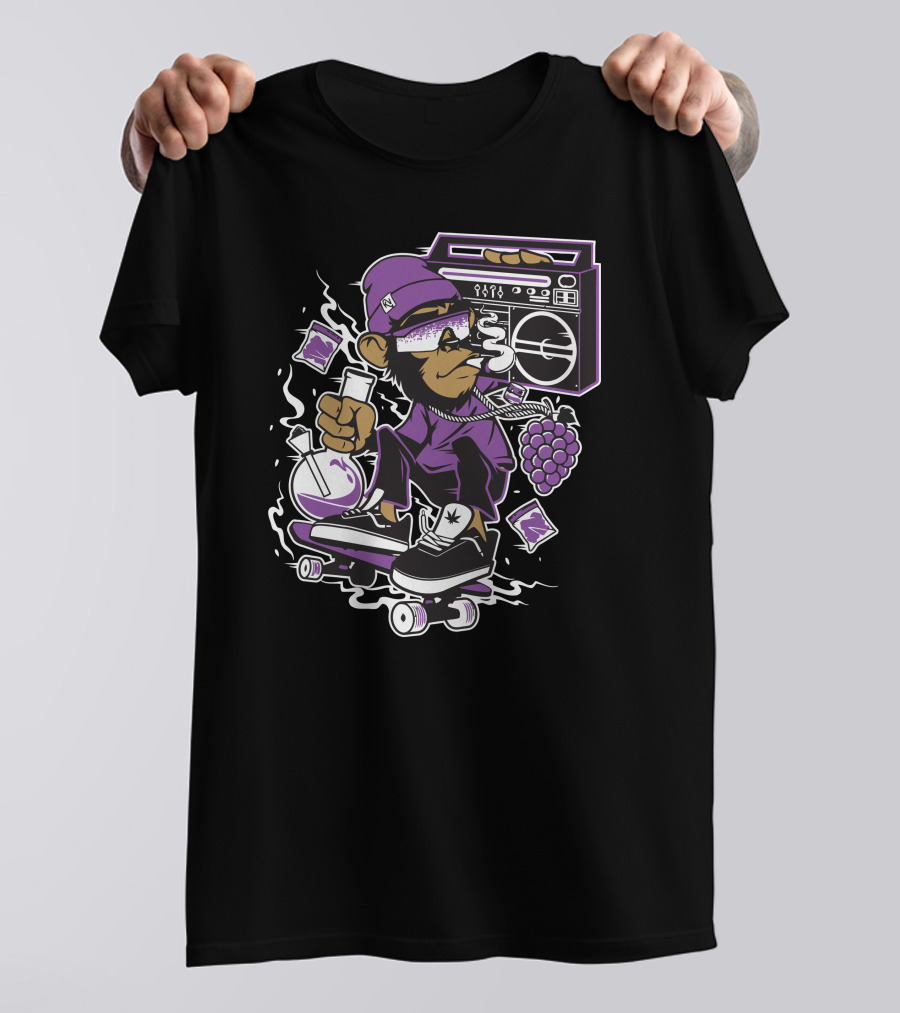 Skateboarding Monkey With Boombox And Lab Flask In Purple Attire T-Shirt