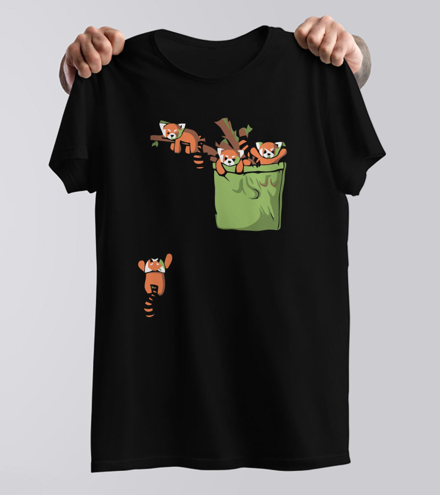 Pocket Red Pandas Hanging On Branches And Climbing Out Of Green Pocket T-Shirt