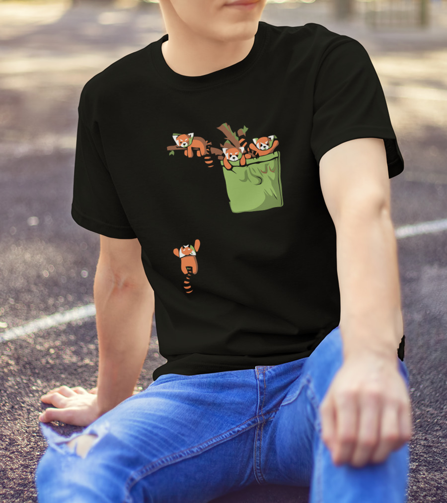Pocket Red Pandas Hanging On Branches And Climbing Out Of Green Pocket T-Shirt