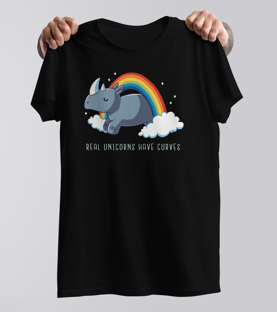Real Unicorns Have Curves Rhino Rainbow Clouds T-Shirt