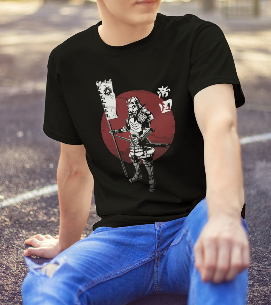 Samurai Empire Warrior With Flag And Red Circle Background T-Shirt
