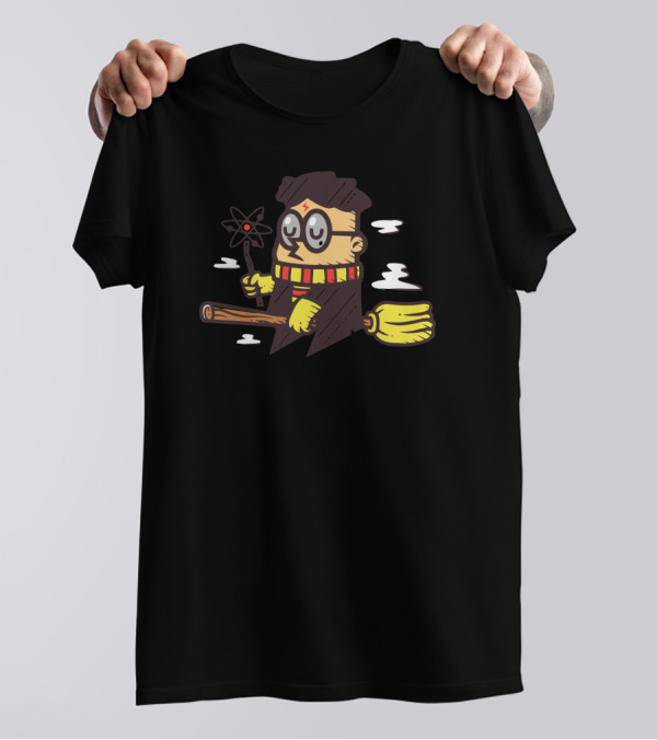 Science Wizard Floating With Atomic Wand And Broomstick T-Shirt