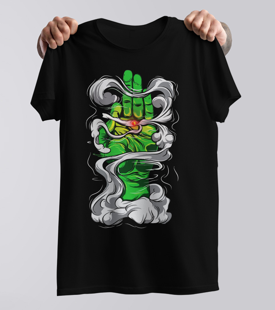 Smoking Green Hand With Red Flame And Swirling White Smoke T-Shirt
