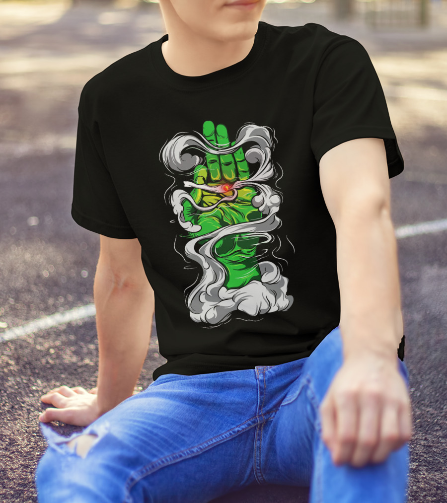Smoking Green Hand With Red Flame And Swirling White Smoke T-Shirt