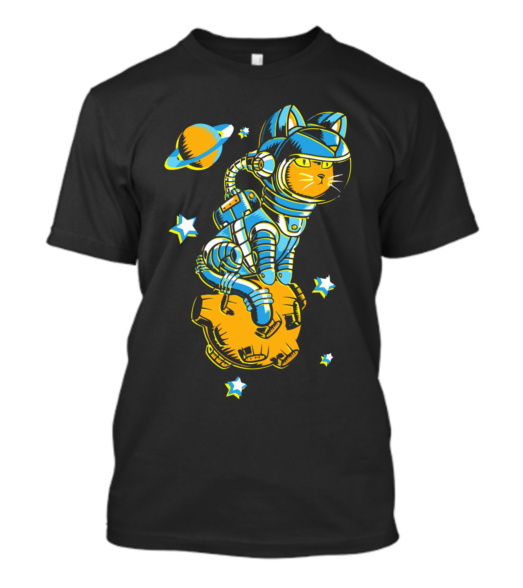 Astronaut Space Cat Riding Meteor With Saturn And Stars T-Shirt