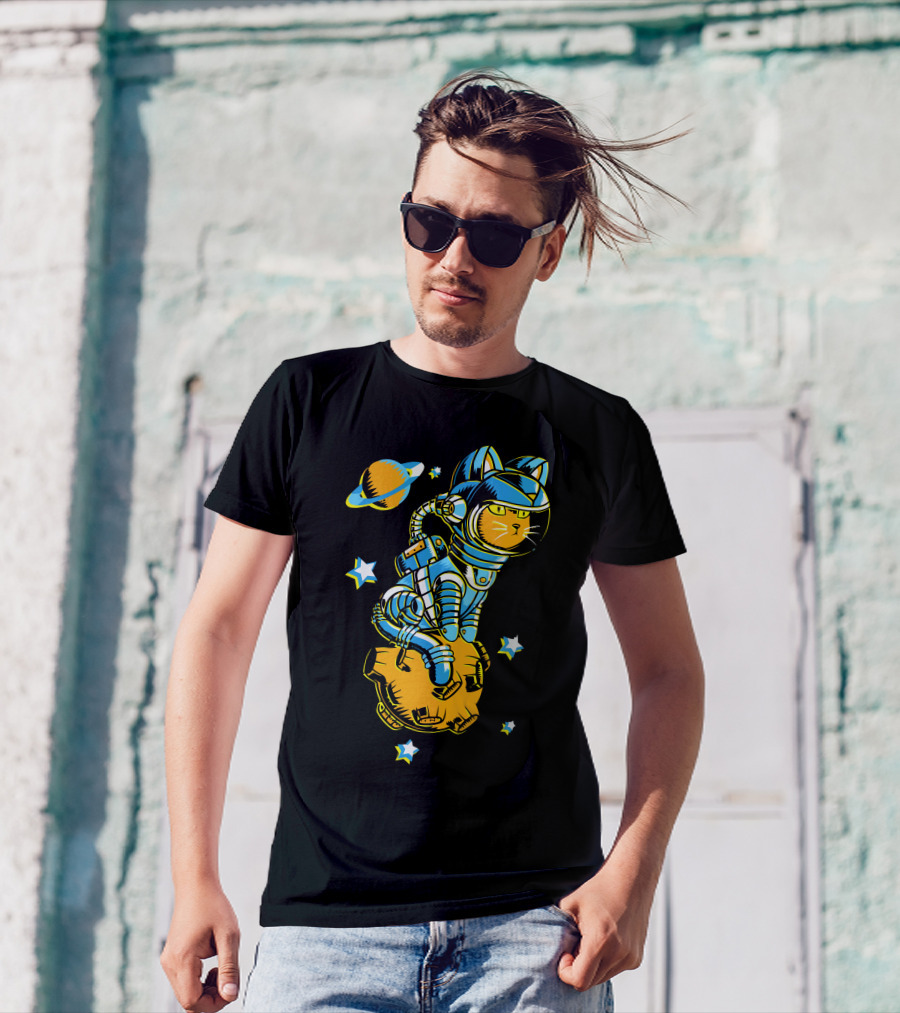 Astronaut Space Cat Riding Meteor With Saturn And Stars T-Shirt