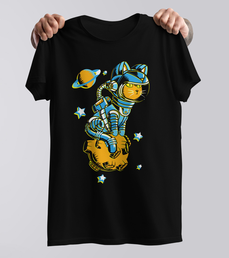 Astronaut Space Cat Riding Meteor With Saturn And Stars T-Shirt