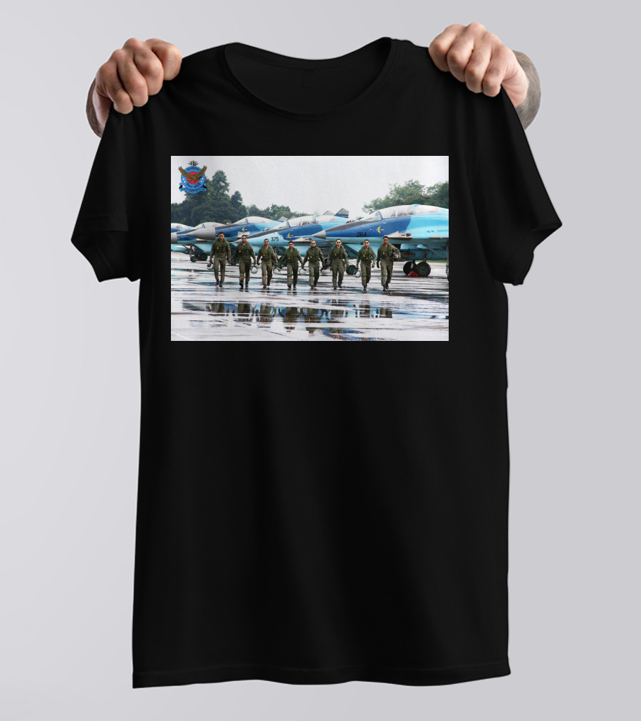 Bangladesh Air Force Squadron In Flight Suits Walking In Front Of Blue Camouflage Mig Fighters T-Shirt