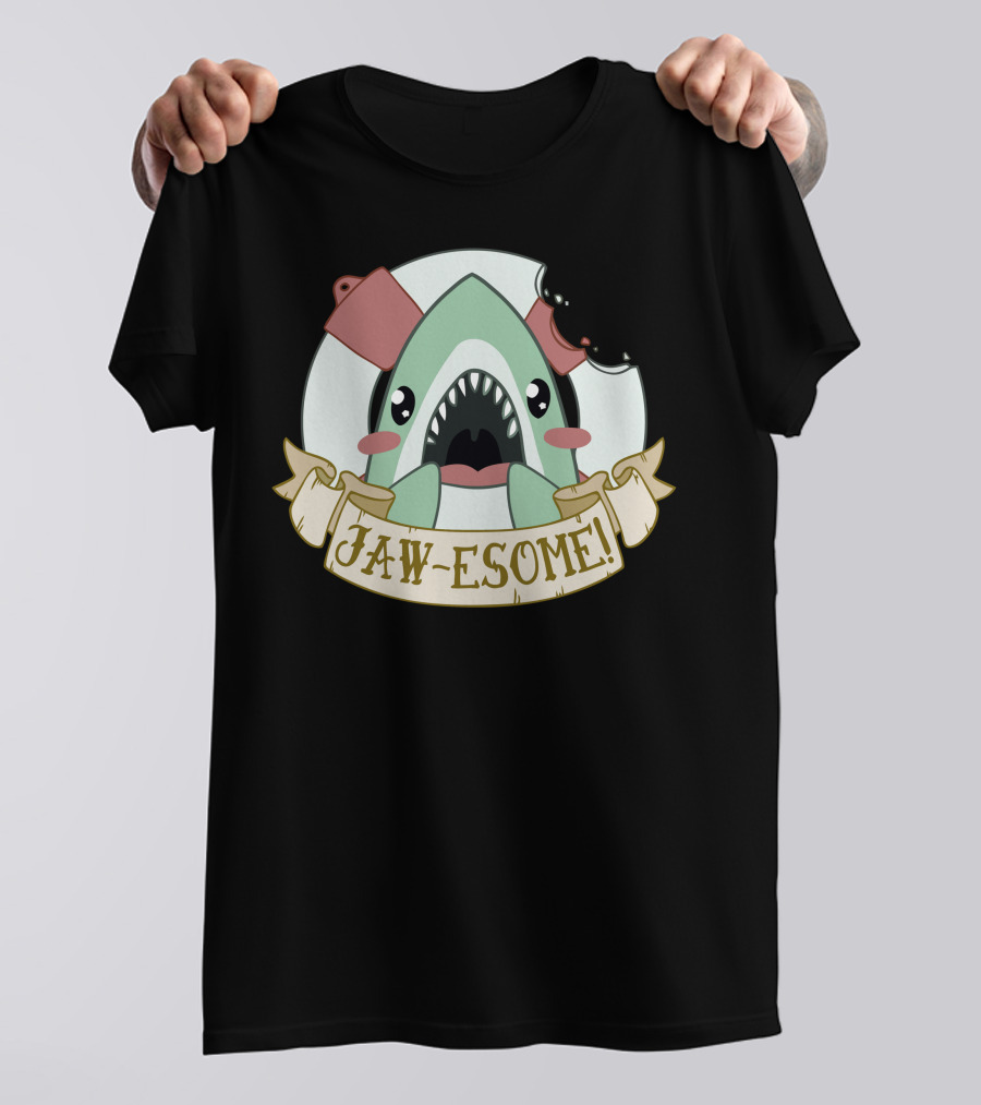 Jaw-Esome Shark Cartoon With Cleavers And Scroll Banner T-Shirt