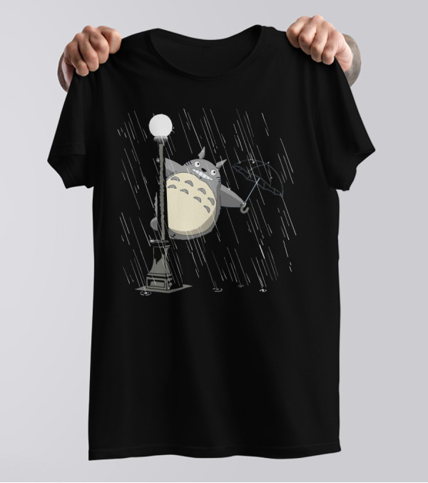 Totoro Singing In The Rain With Umbrella And Lamp Post T-Shirt