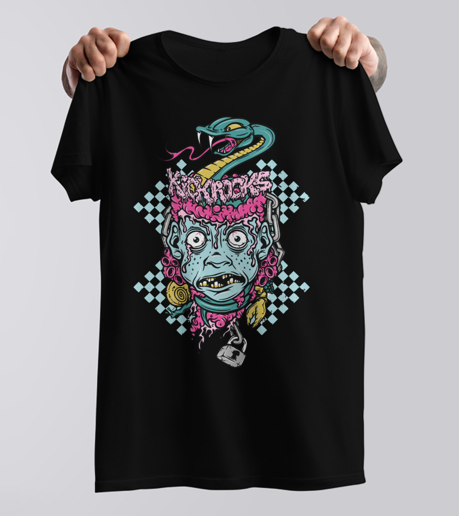 Kickrocks Snake Zombie Chain Head With Lock And Checkered Background T-Shirt