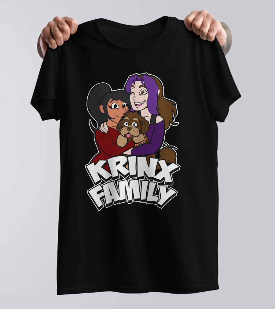Krinx Family Cartoon Characters Hugging Dog T-Shirt