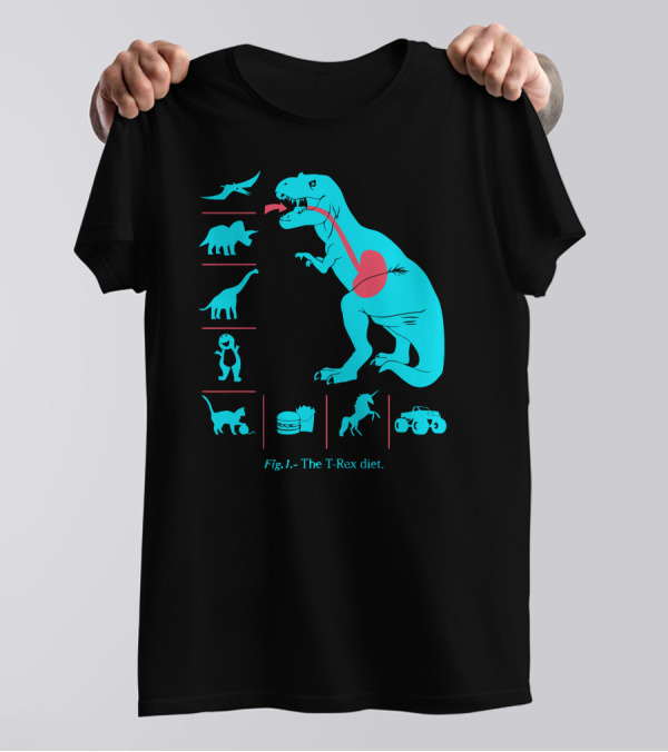 Fig.1. - The T-Rex Diet Featuring Dinosaurs, Burger, And Truck Elements T-Shirt