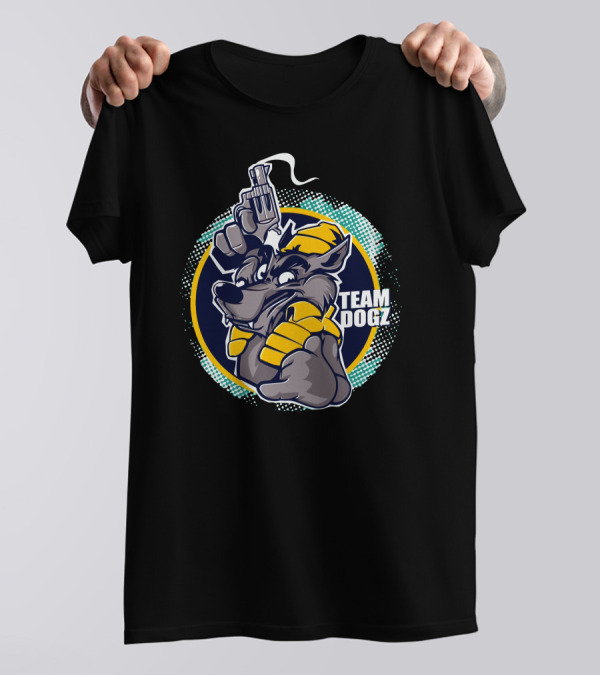 Team Dogz Wolf Character With Gun Hand Gesture T-Shirt