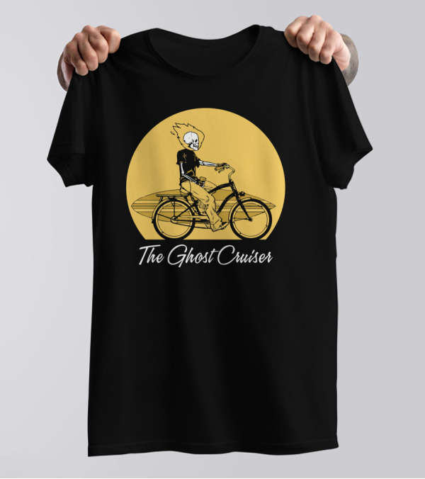 The Ghost Cruiser Skeleton Riding Bicycle With Surfboard In Yellow Moon Background T-Shirt