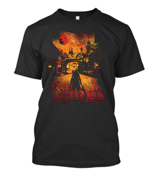 The Hunter In Gothic Cityscape With Blood Moon T-Shirt