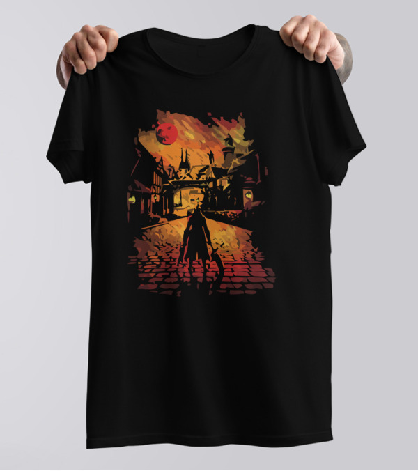 The Hunter In Gothic Cityscape With Blood Moon T-Shirt