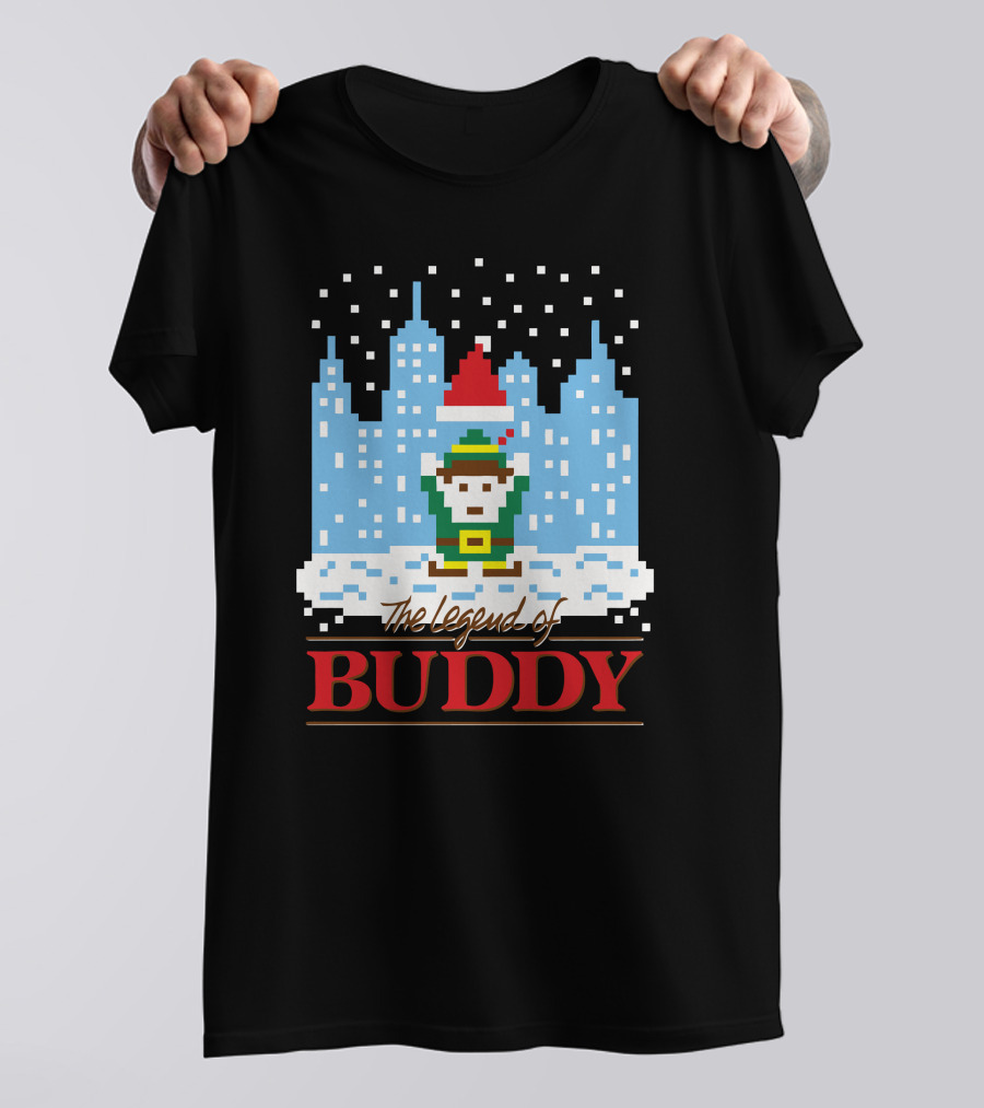 The Legend Of Buddy Pixel Elf Adventure In Snowy Cityscape T-Shirt