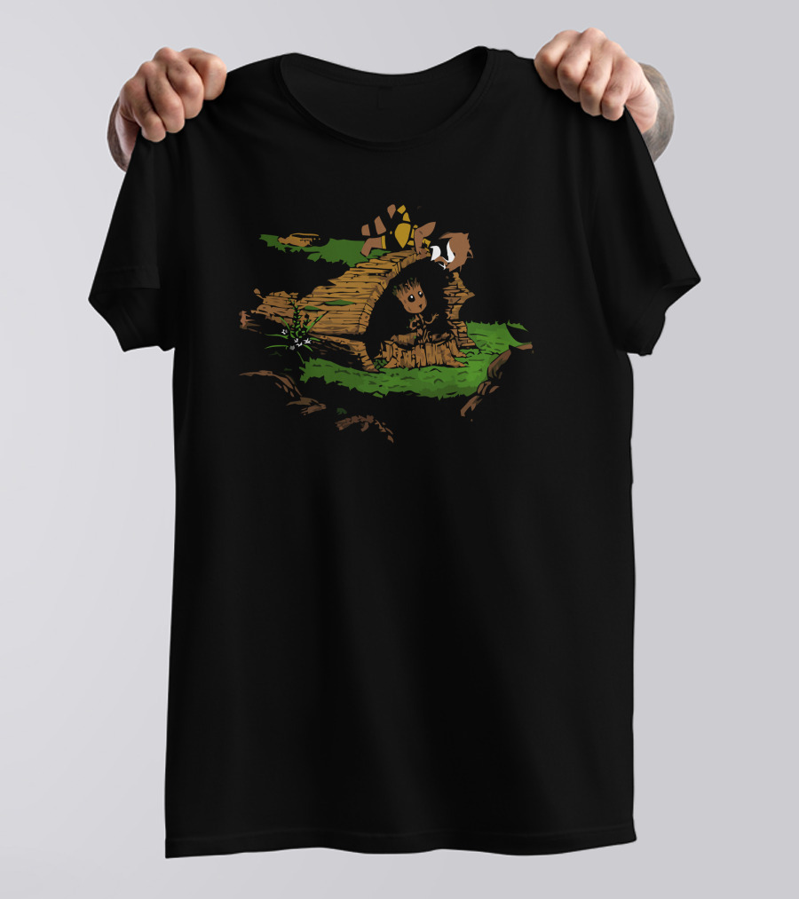 The Tree And The Raccoon In A Hollow Log With Forest Horizon T-Shirt
