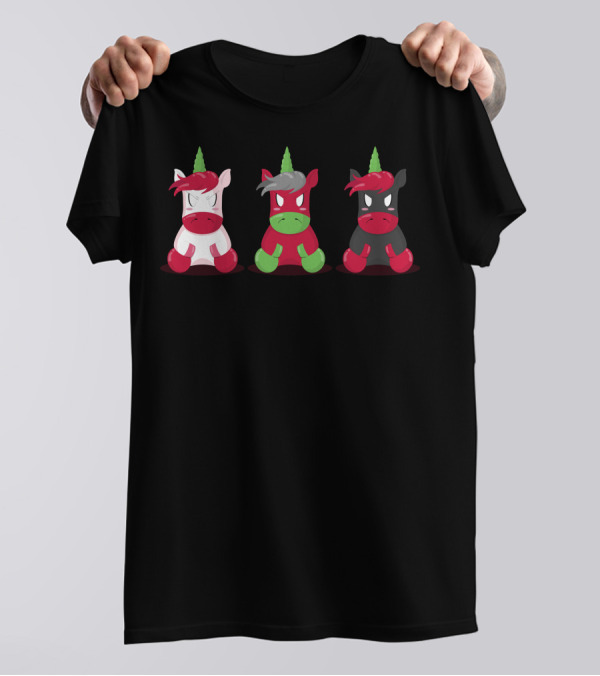 Three Cute But Angry Unicorn Trio With Colorful Horns And Expressions T-Shirt