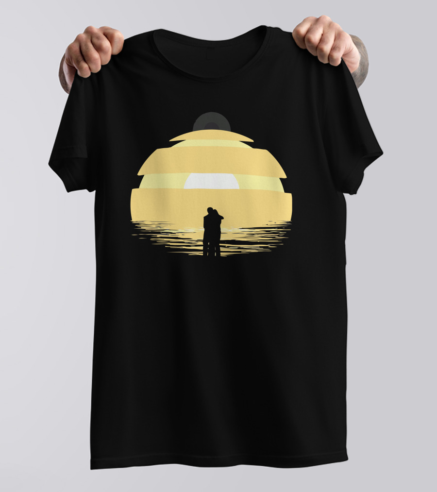 Two Rogues Embracing At Sunset Over Ocean Horizon T-Shirt