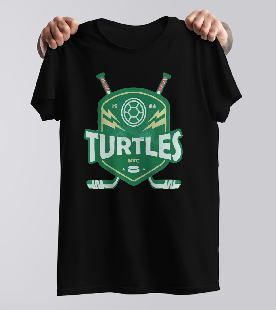 Turtles Hockey 1984 NYC Shield With Sticks And Puck T-Shirt