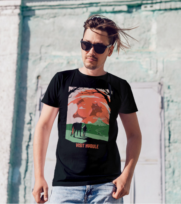 Visit Hyrule Silhouette With Horse And Traveler In Fantasy Landscape T-Shirt