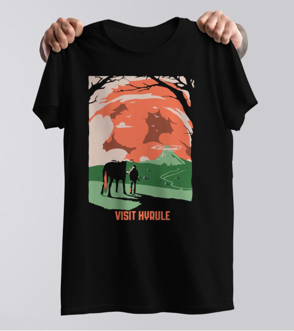 Visit Hyrule Silhouette With Horse And Traveler In Fantasy Landscape T-Shirt
