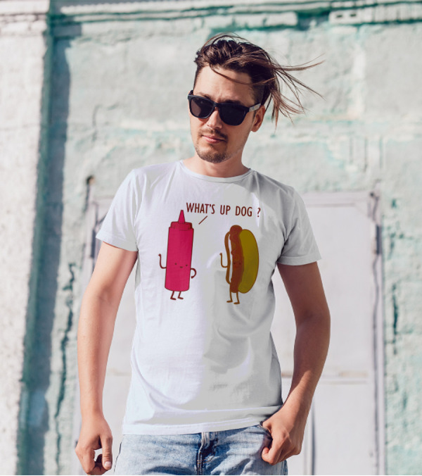 What's Up Dog Ketchup Bottle And Hot Dog Playful Interaction T-Shirt