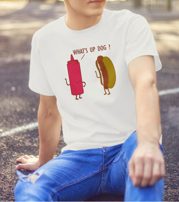 What's Up Dog Ketchup Bottle And Hot Dog Playful Interaction T-Shirt