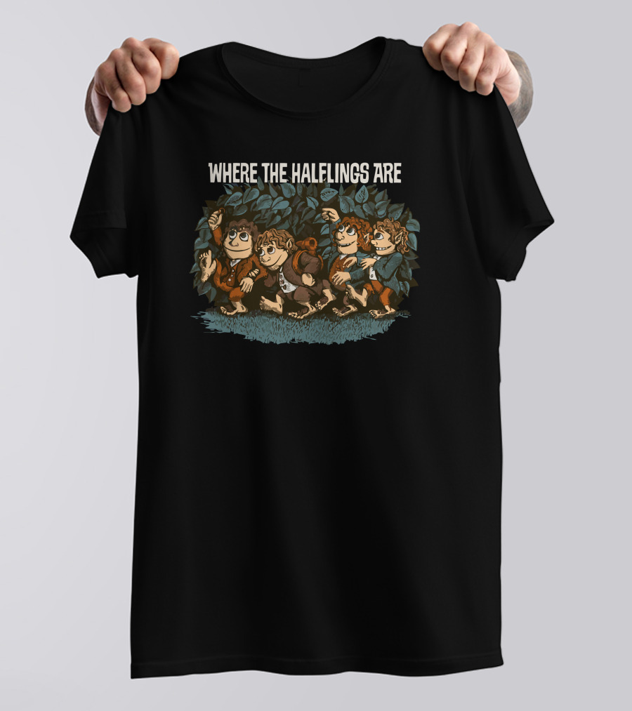 Where The Halflings Are Journey With Four Adventurous Characters In A Leafy Forest Scene T-Shirt
