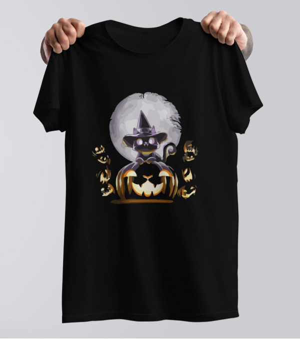 Enchanting Witch Cat And Pumpkin Under The Full Moon T-Shirt